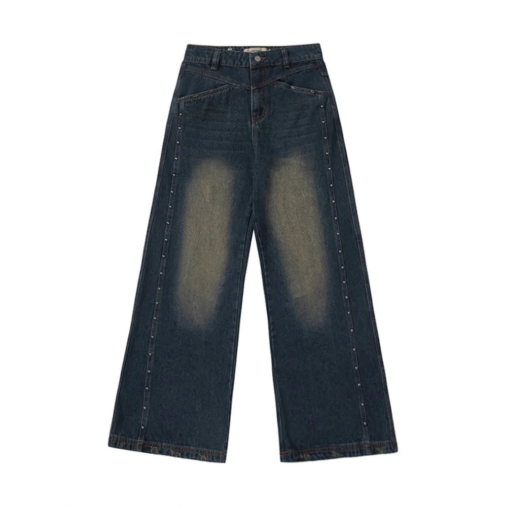 Loose Flared Washed Distressed Spliced Jeans