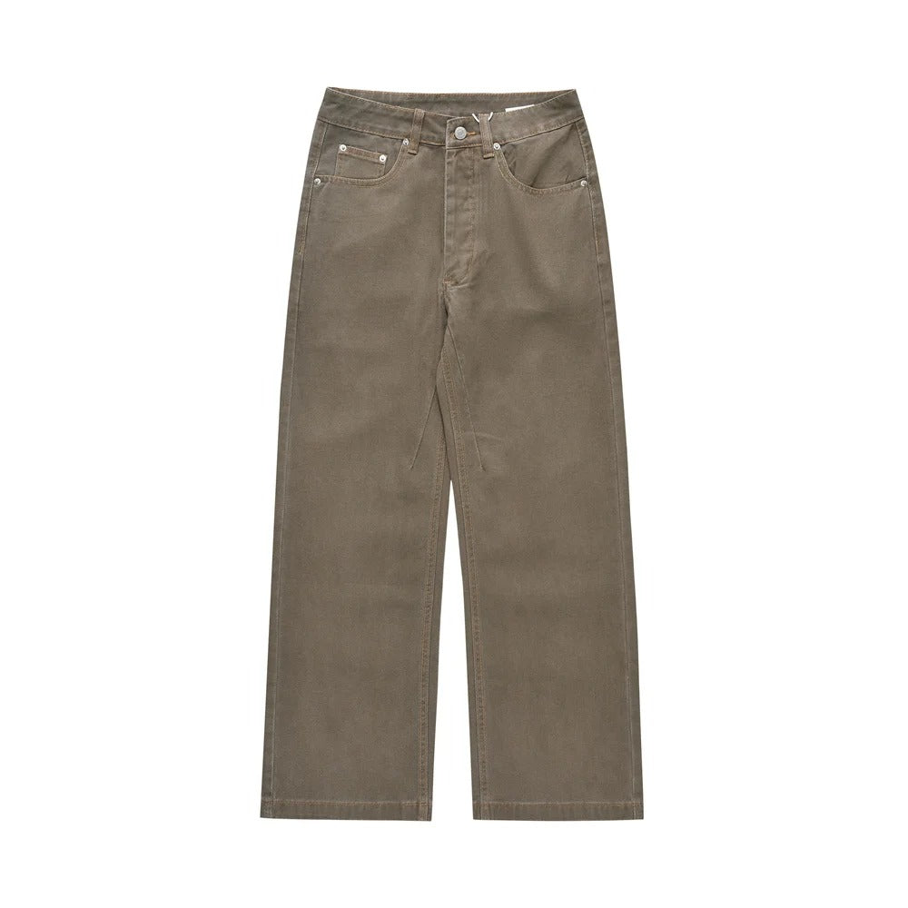 Simple Washed Khaki Straight-leg Jeans