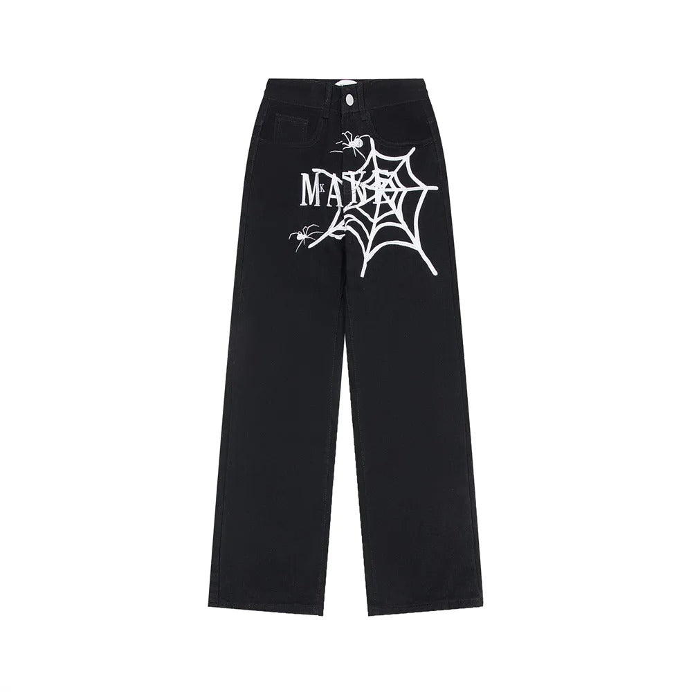 Spider Web Embroidery Wide-Leg Jeans