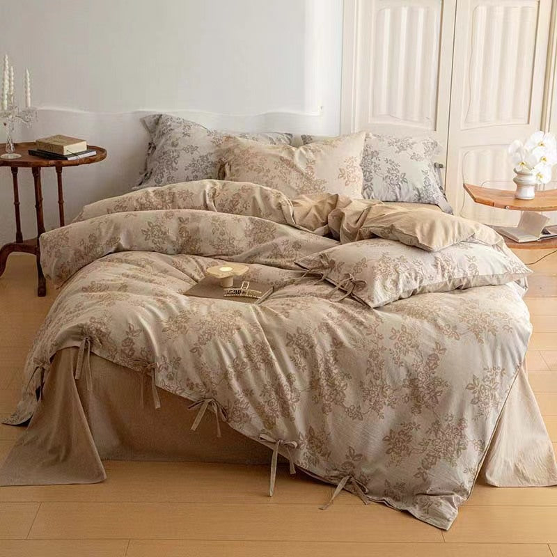 Floral Jacquard Bedding Set with Bow Tie - Khaki