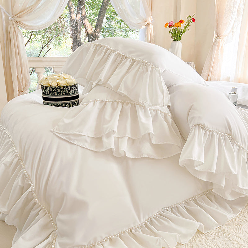 White Shabby Chic Pearl Beaded Duvet Cover Set