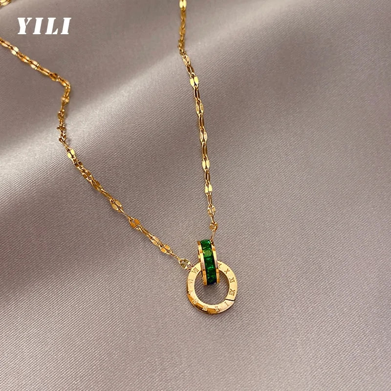 Emerald Roman Numeral Titanium Steel Necklace