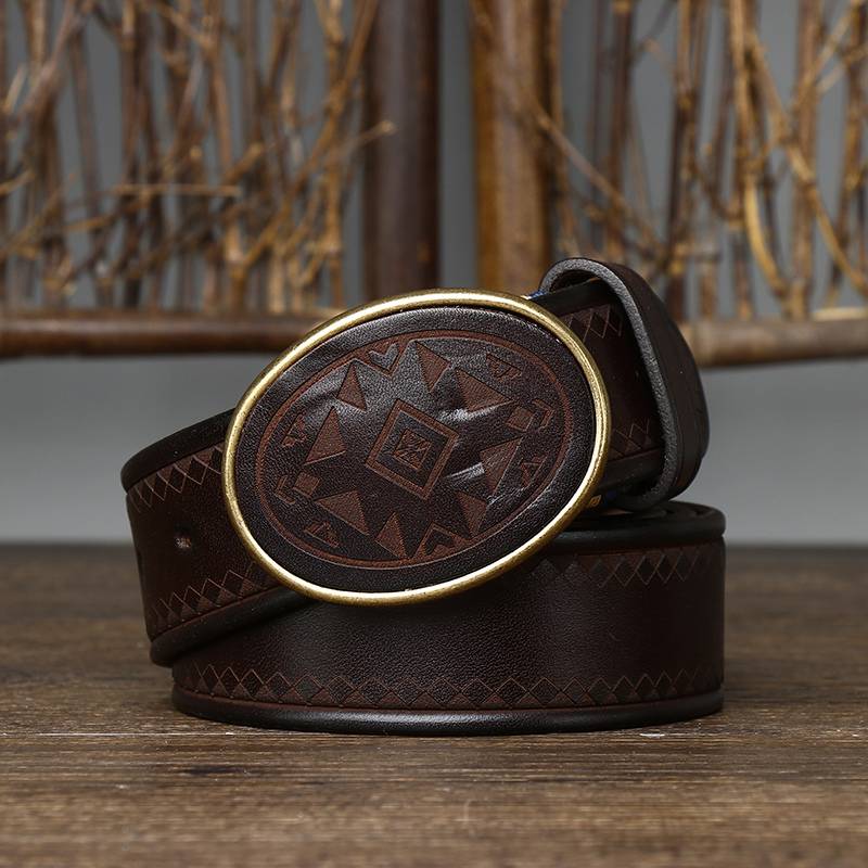 Vintage Engraved Plaque Buckle Leather Mens Belt