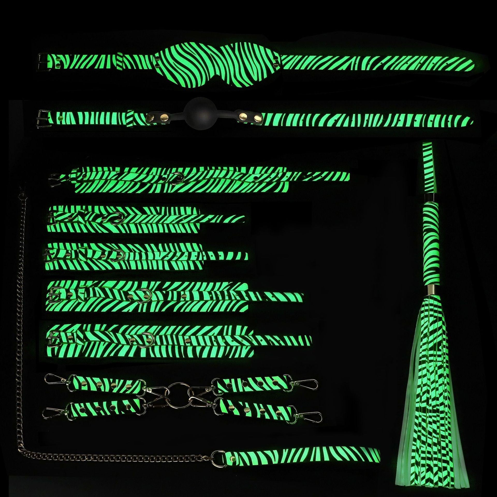 SM Zebra Print Glow-in-the-Dark 8-Piece Set: Bondage Restraint, Handcuffs, Whip, Adult Toy