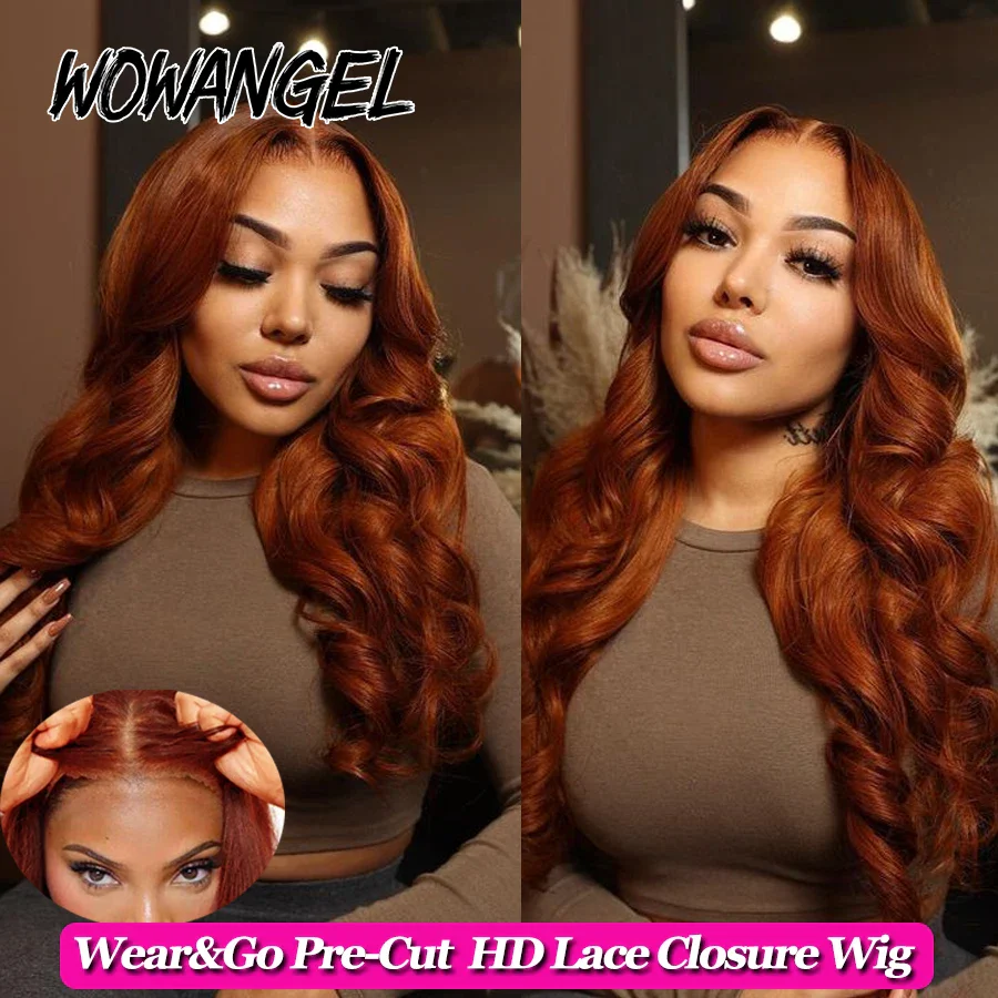 Reddish Brown Body Wave Wigs Pre Cut 5x5 HD Lace Closure Human Hair Wigs Copper Red Colored Glueless Wigs Ready to Go For Woman