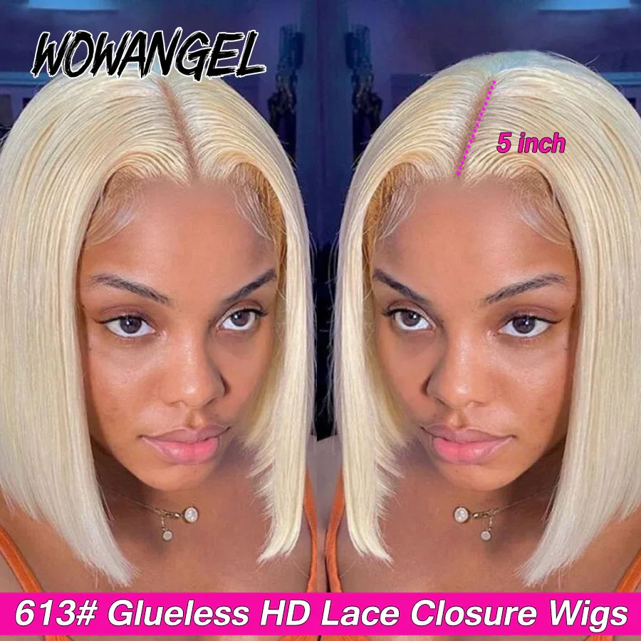 613 Blonde Short BOB Wigs Glueless Wigs 5x5 HD Lace Closure Wig Straight Remy Hair Ready to Wear Wig Melt Skins Human Hair Wigs