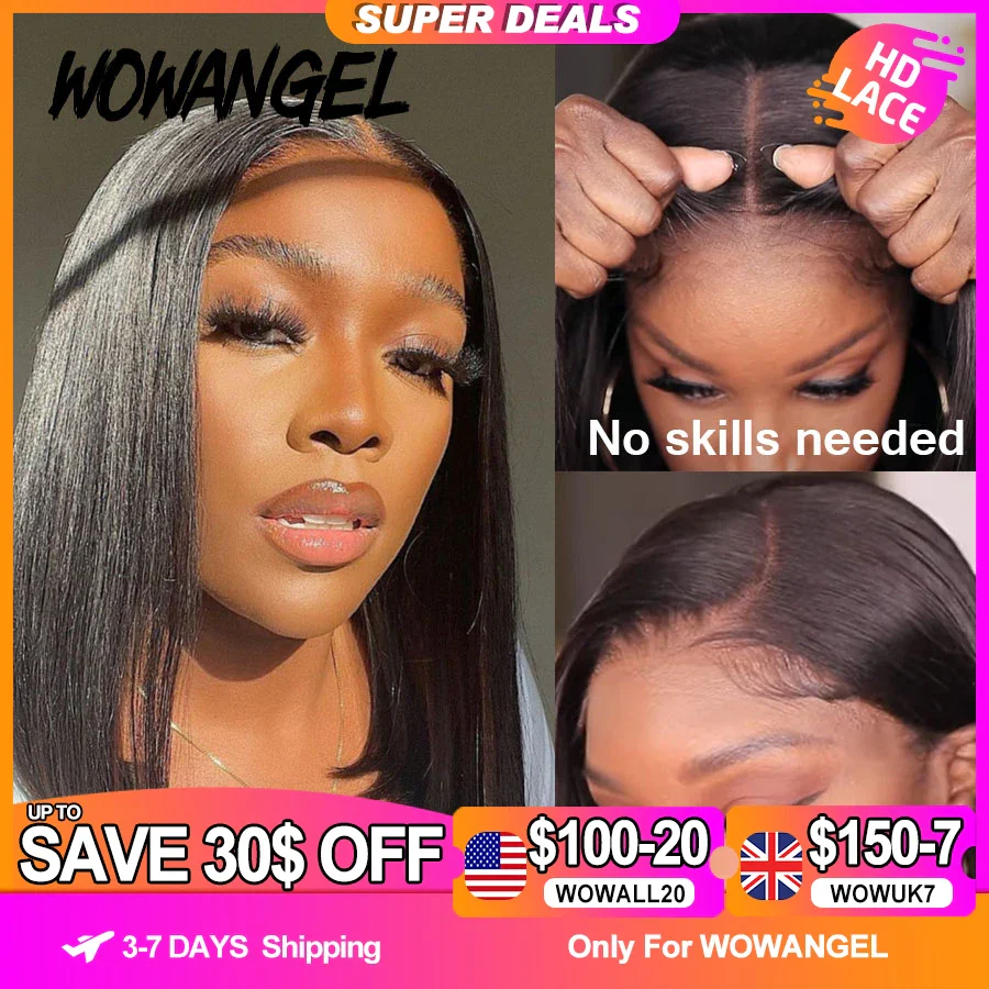 Glueless Wigs 5x5 HD Lace Closure Wig Straight Short Blunt Cut Bob Wigs Lace Front Human Hair Wigs Ready to Wear Wigs For Woman