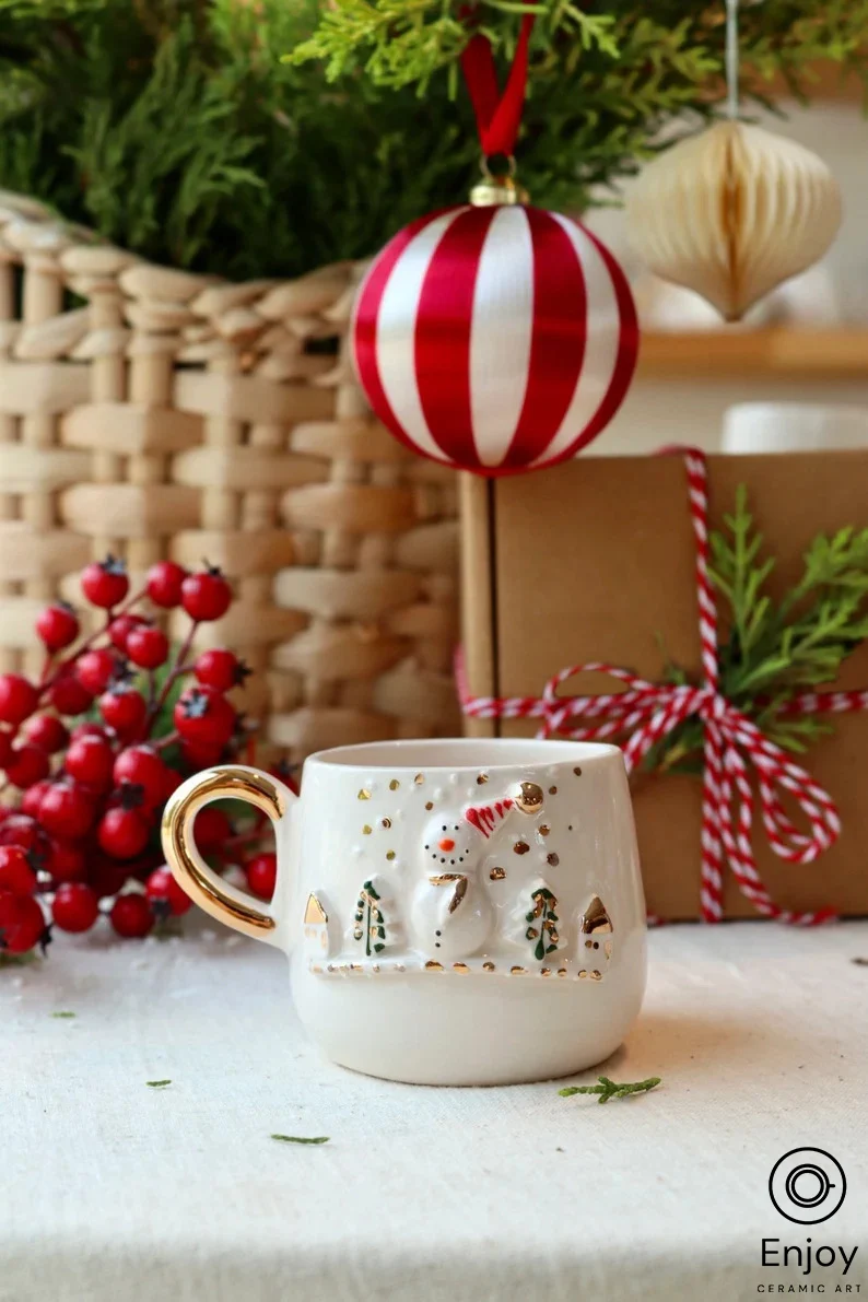 Snowman - Handcrafted 'Frosty Charm' Snowman Ceramic Espresso Cup & Saucer - 5.4 oz - Perfect for Festive Coffee Lovers