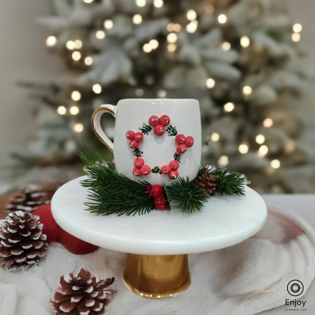 Akiletus Winterberry Holly Christmas Mug - 10oz Handmade Ceramic Coffee Cup with Gold Handle