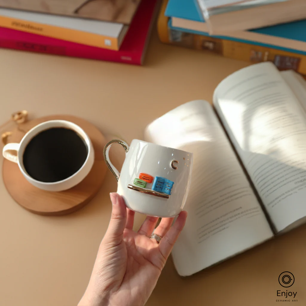 Book Lover Mug - Handmade Literary Coffee Mug with Gold Handle, Perfect for Bookworms