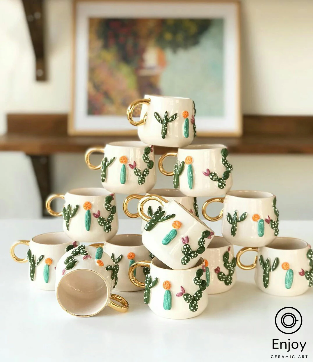 Cactus Ceramic Charm: Handmade Cactus Espresso Cups Set with Gold Accents, 5.4 oz