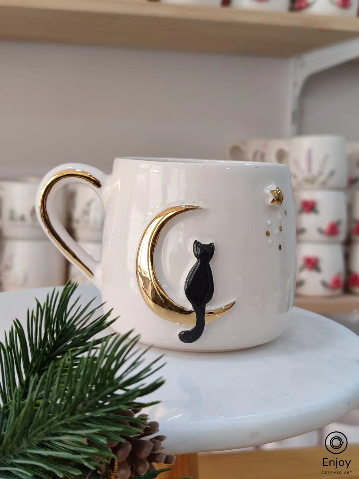 Handmade 10 oz Celestial Cat Mug with Golden Handle – Elegant Cat Lover's Drinkware