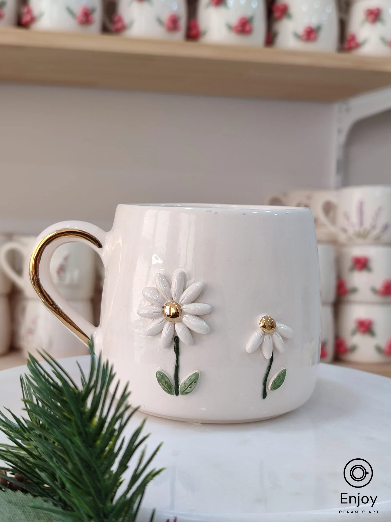 Handmade Ceramic Double Daisy Mug - 10oz Daisy Tea Cup with Gold Handle