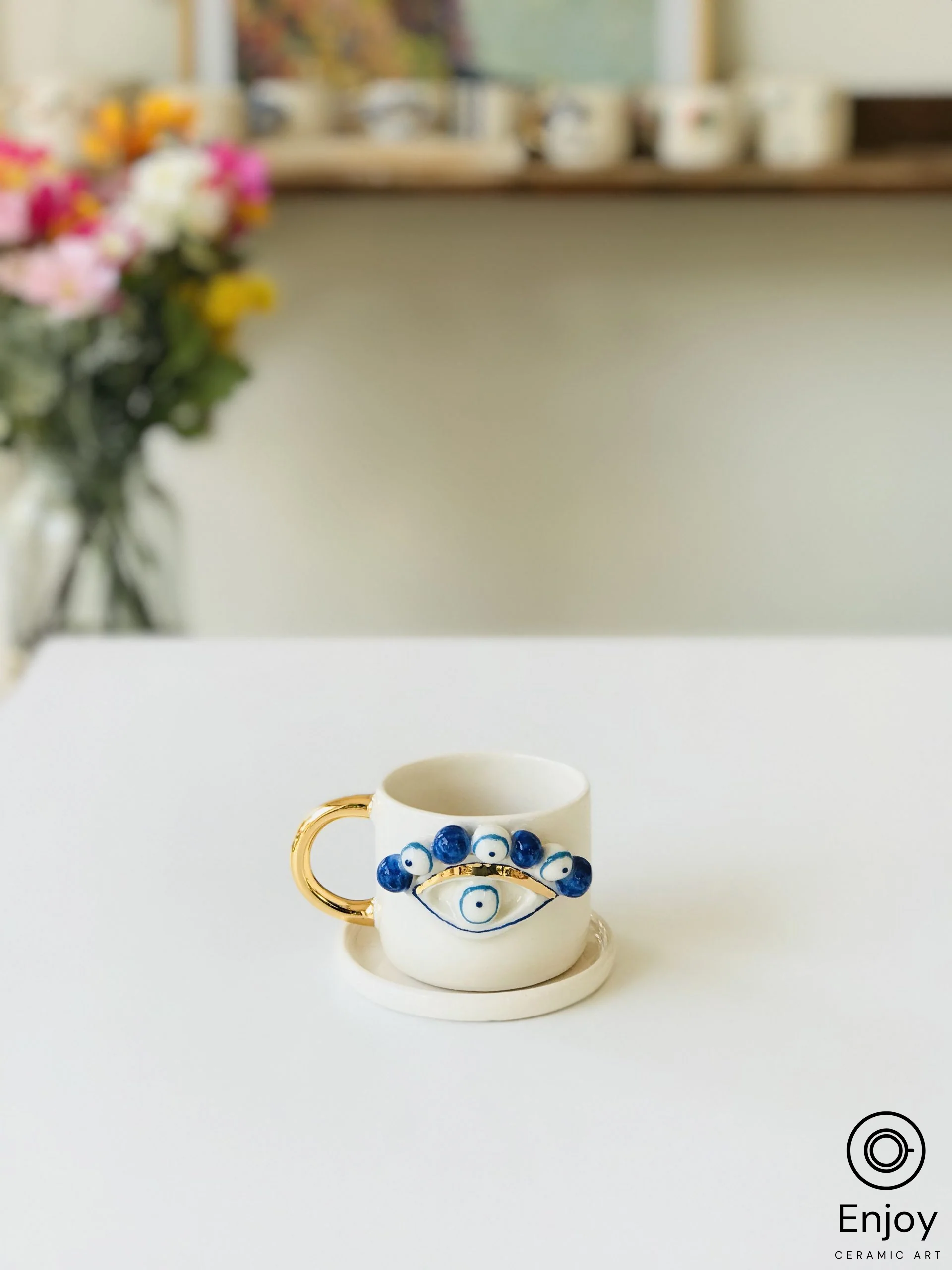 Evil Eye Protection: Handmade Ceramic Espresso Cup & Saucer 5.4 oz - Turkish Evil Eye Espresso Cup, Starbucks Inspired Coffee Mug with Gold Handle