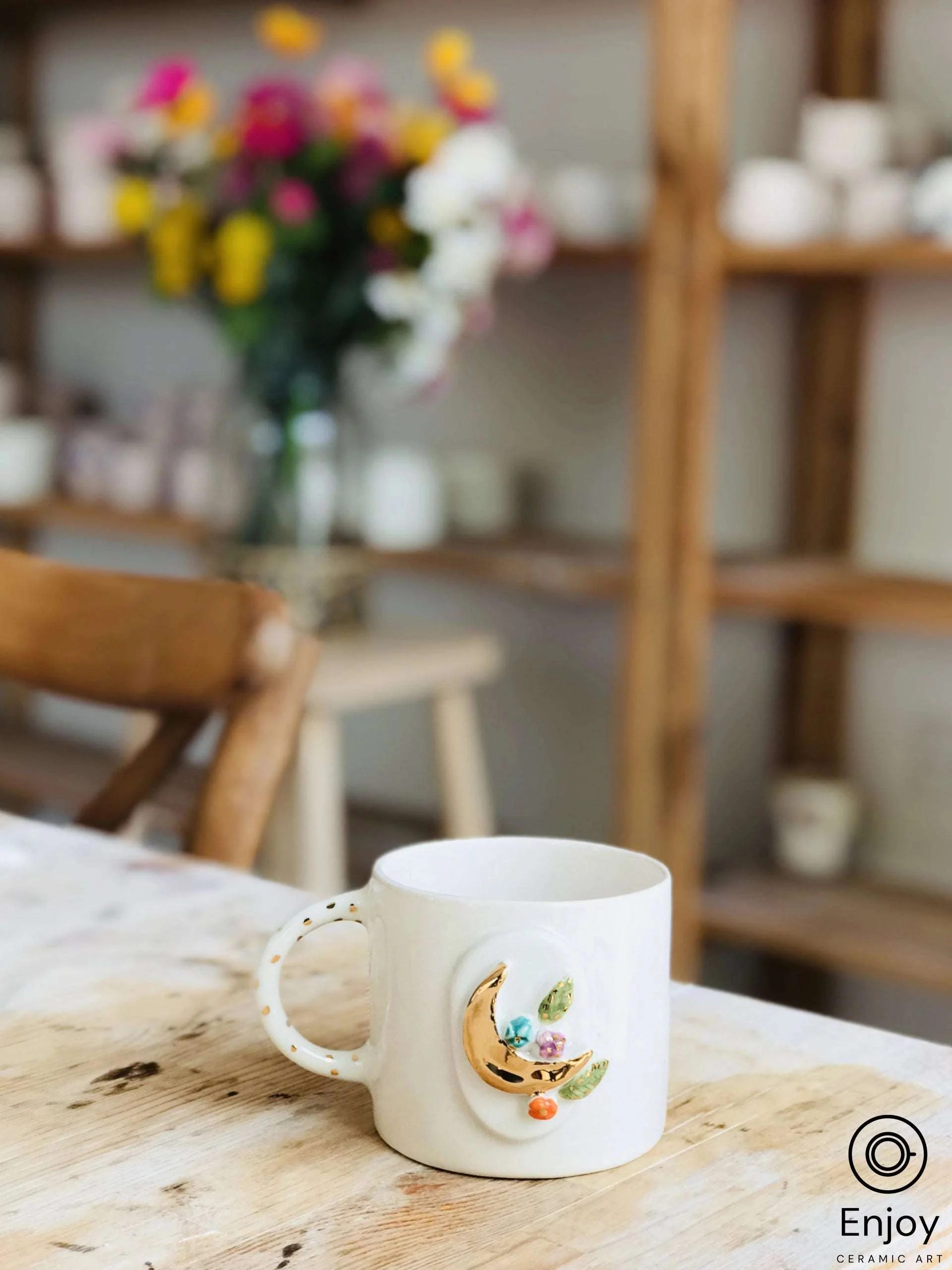 Flowers Moon Mug - Handmade Gold Crescent Moon and Flowers Ceramic Coffee Mug - 10oz