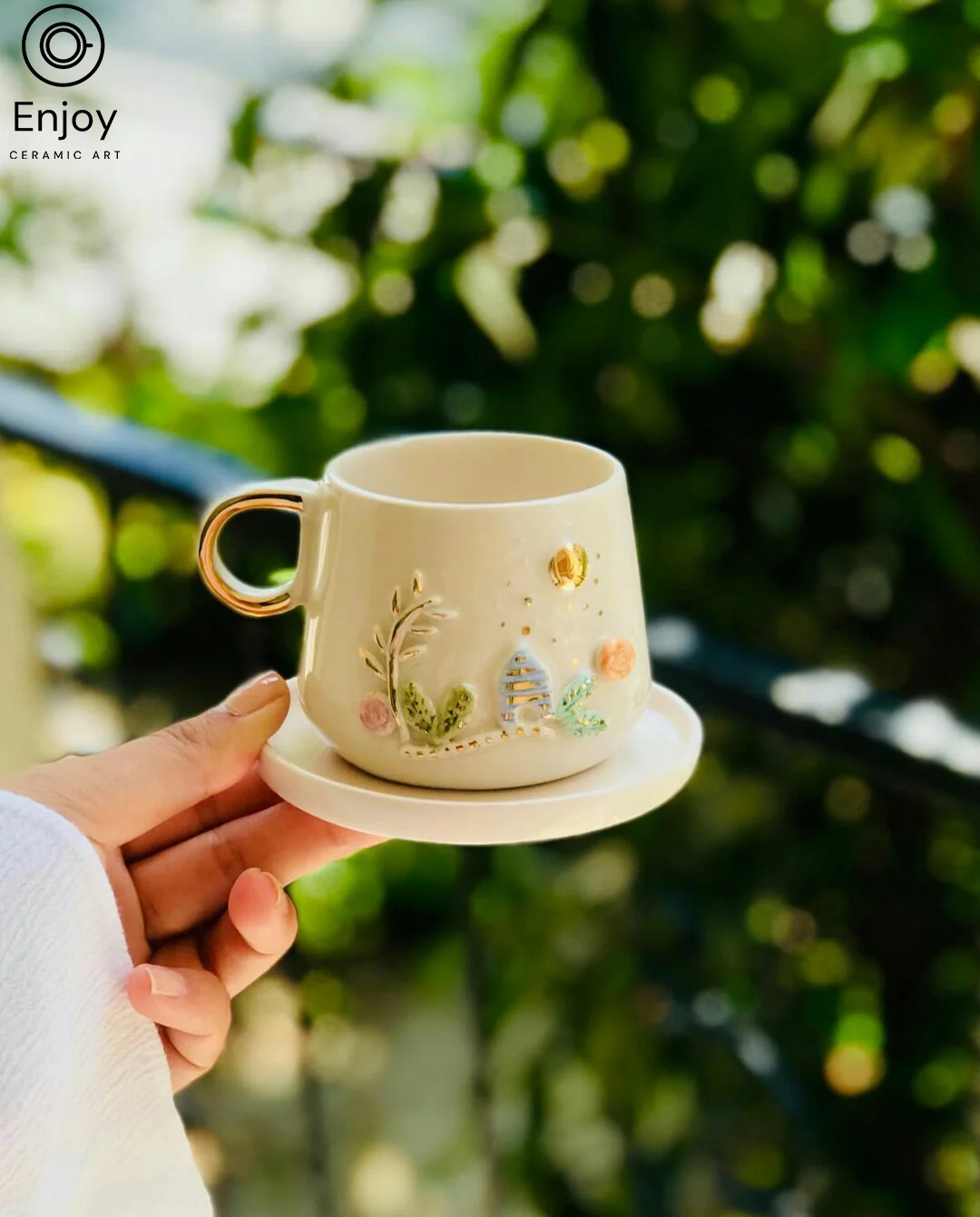 Happy Forest - Handmade Floral Espresso Cup & Saucer Set - 5.4 oz Ceramic Flower Coffee Mug with Gold Handle