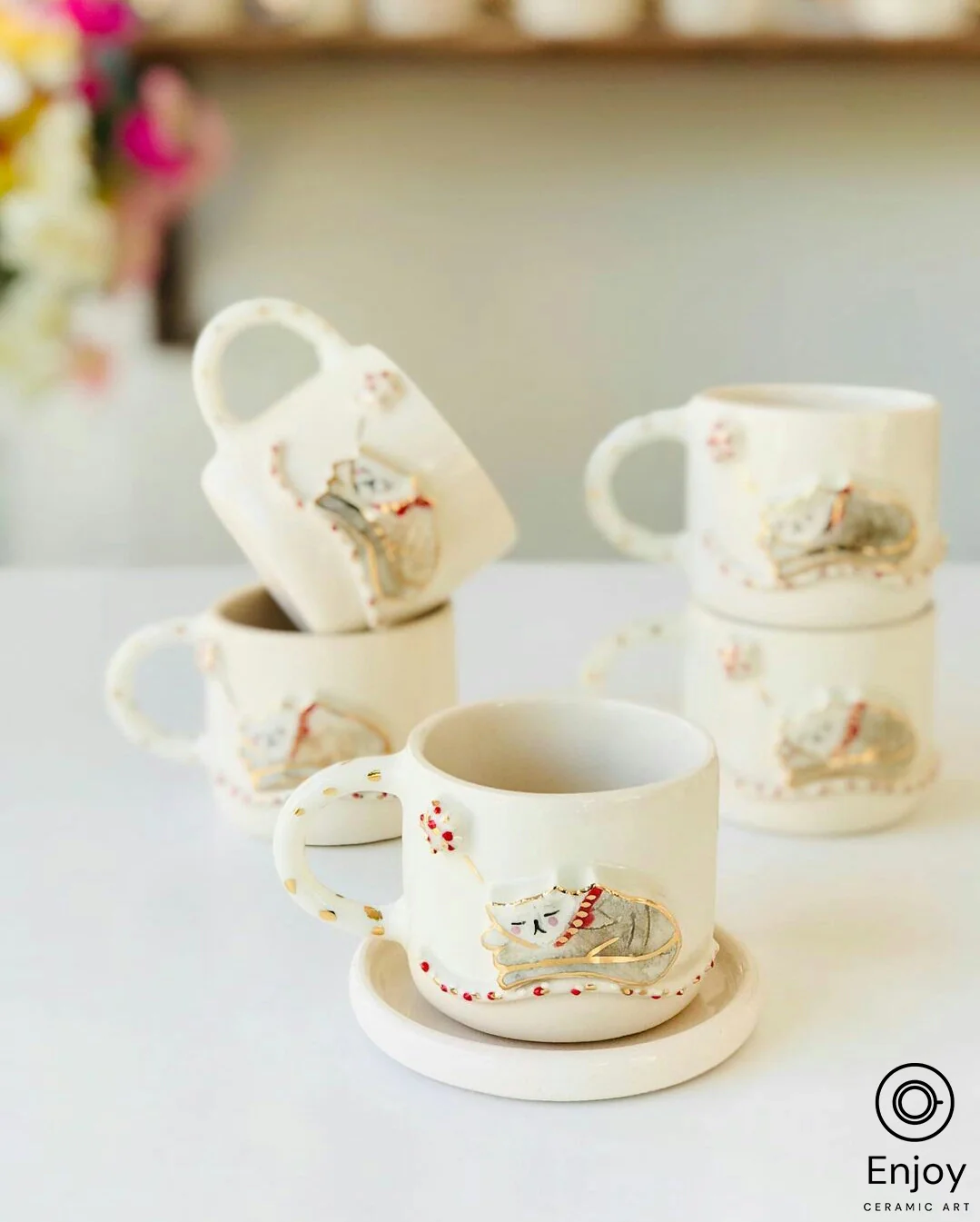 Kitty - Adorable Handmade Ceramic Kitty Espresso Cup with Saucer Set - 5.4 oz Cat Coffee Cup, Perfect Gift for Cat Lovers, Cat Mom Mug