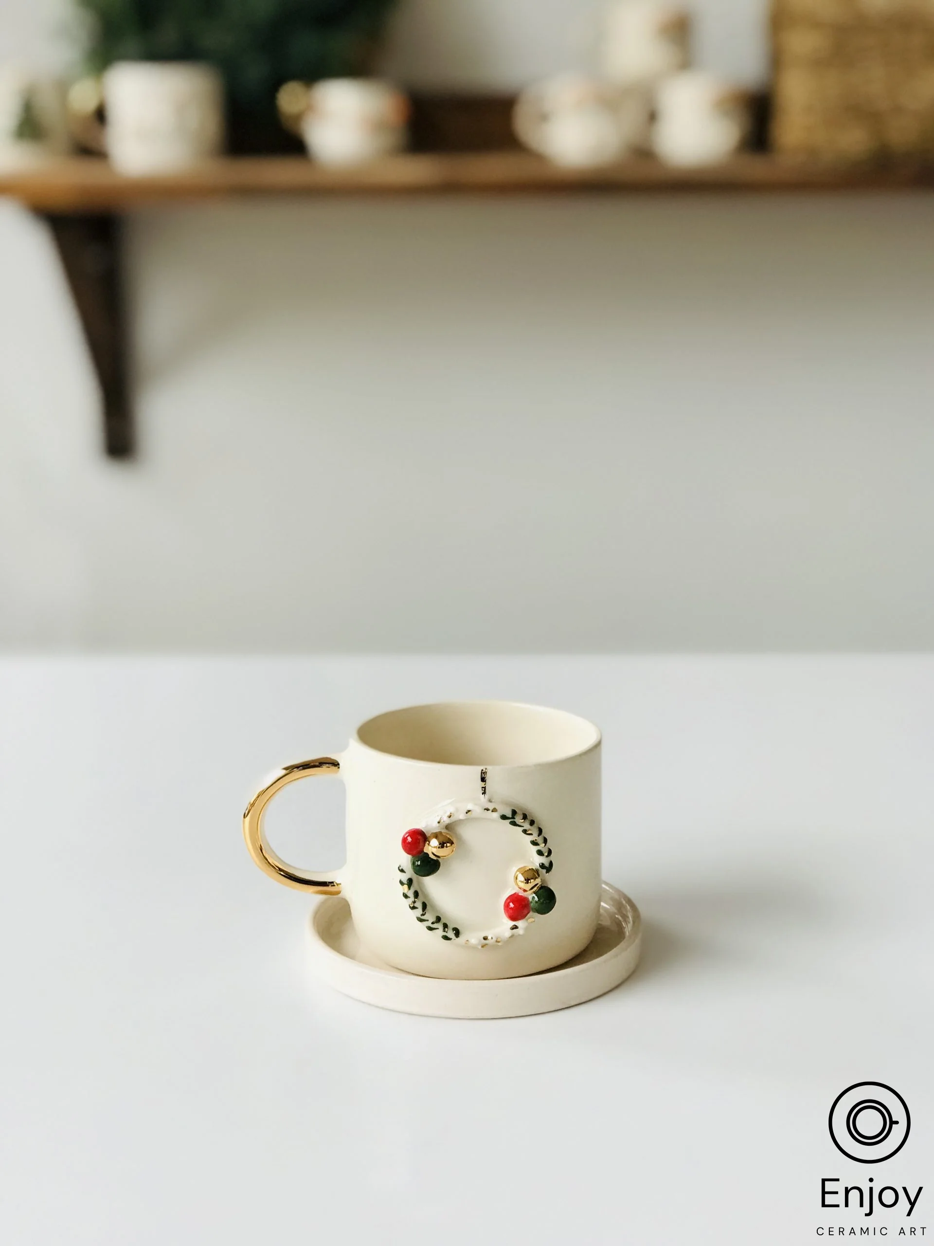 Light Balls - Handcrafted Christmas Wreath Espresso Cup & Saucer Set, 5.4 oz - Ceramic Santa Espresso Mugs, Holiday-Themed Espresso Coffee Cups