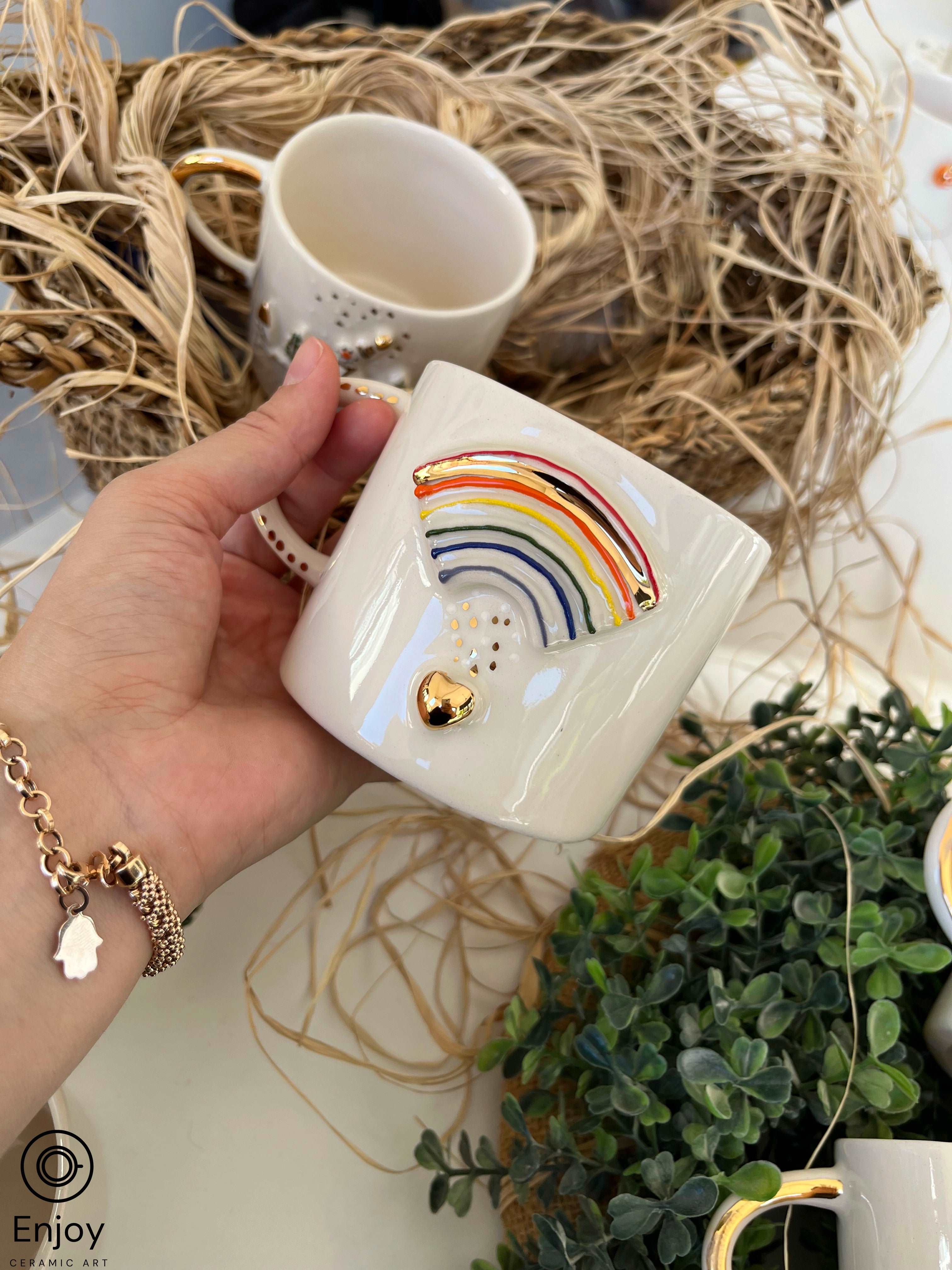 Rainbow Mug - Handmade Rainbow Espresso Mug - 10 oz Ceramic Coffee Mug with Gold Heart