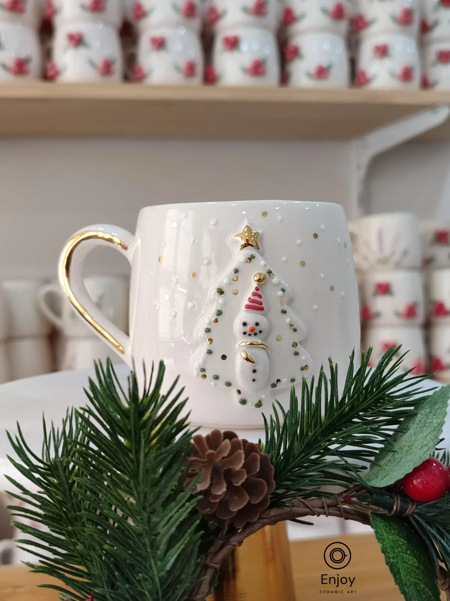 Festive Snowman in Christmas Tree Frame - Ceramic Christmas Mug with Gold Handle