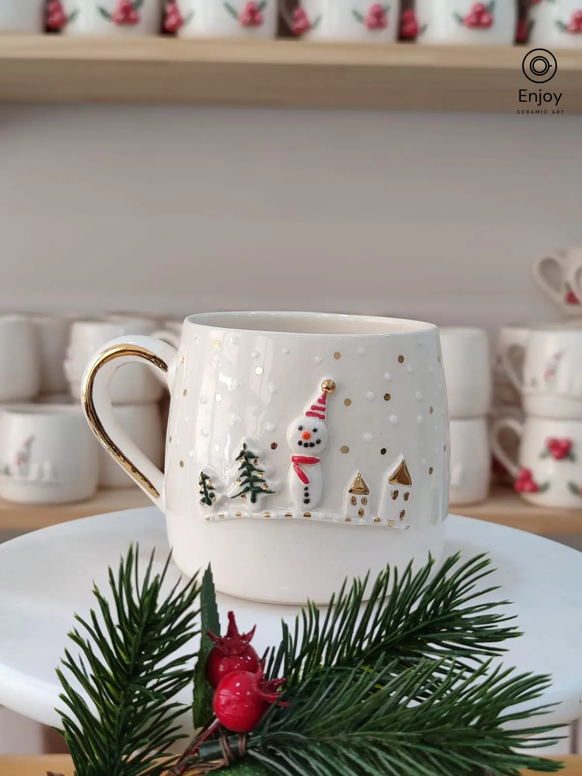 Snowman Mug - Ceramic Christmas Coffee Cup with Gold Handle