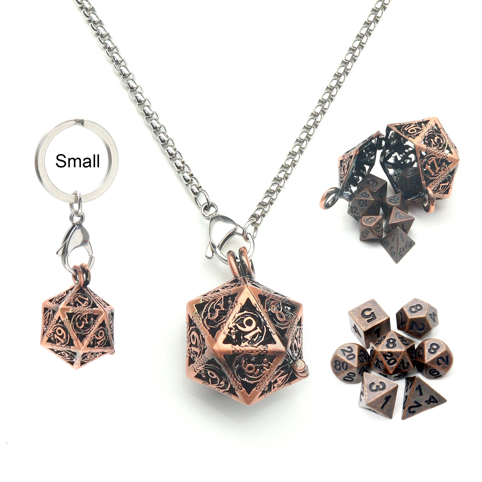 Haxtec Mini Metal Dice Set D&D 20mm Hollow D20 Dice Necklace Dice with 28" Chain Antique Dice