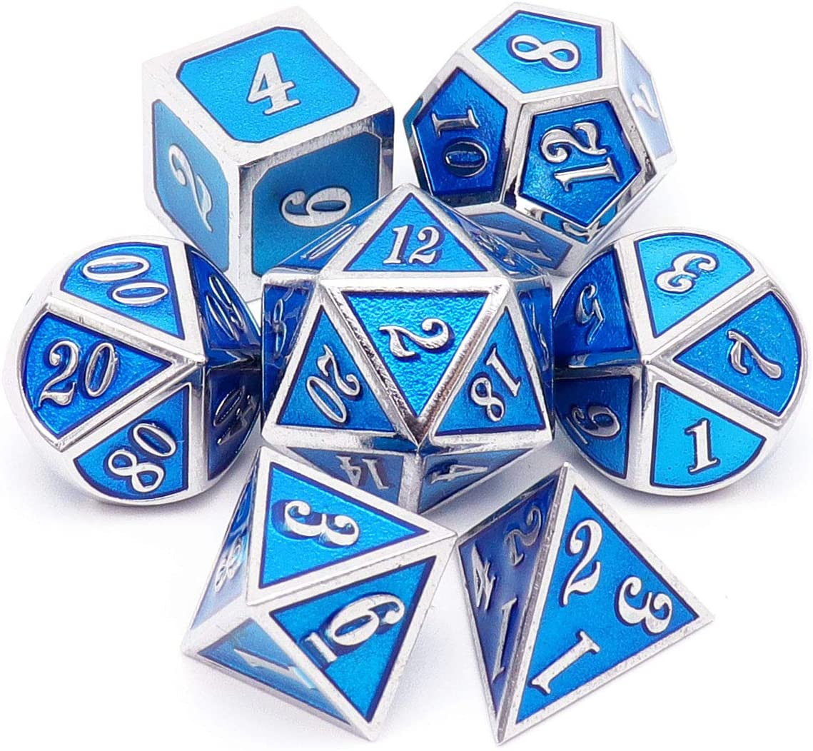 Metal Dice Set D&D for Dungeons and Dragons Game-Silver Blue