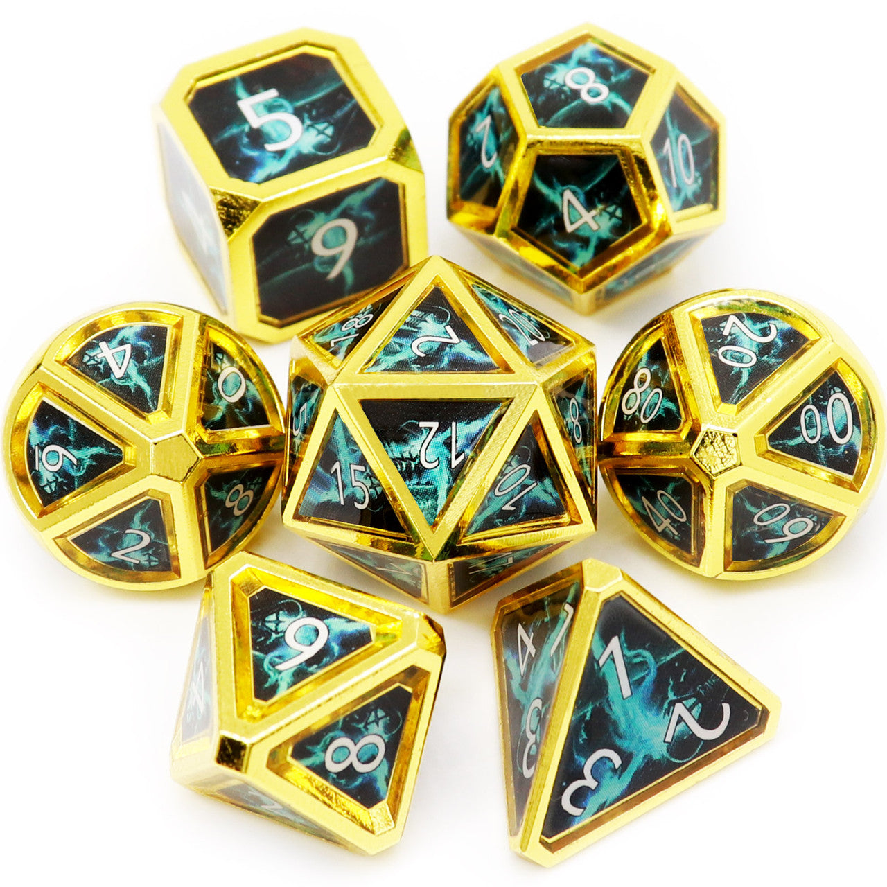 Haxtec Real Scene Metal Dice Set Gold Blue RPG Dice for DND 5E-Call Lightning