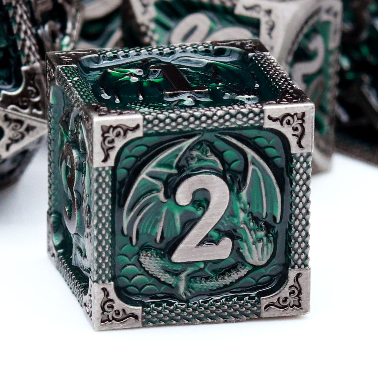 Haxtec Fire-breathing Dragon Pattern Green Metal DND Dice Set With Leather Dice Bag for Dungoens and Dragons RPG Gifts-Antique Iron Green