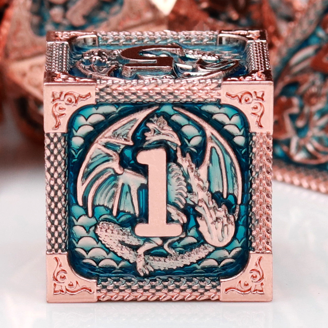 Haxtec Rosegold Blue Metal DND Dice Set With Dragon Pattern Leather Dice Bag for Dungoens and Dragons RPG Gifts