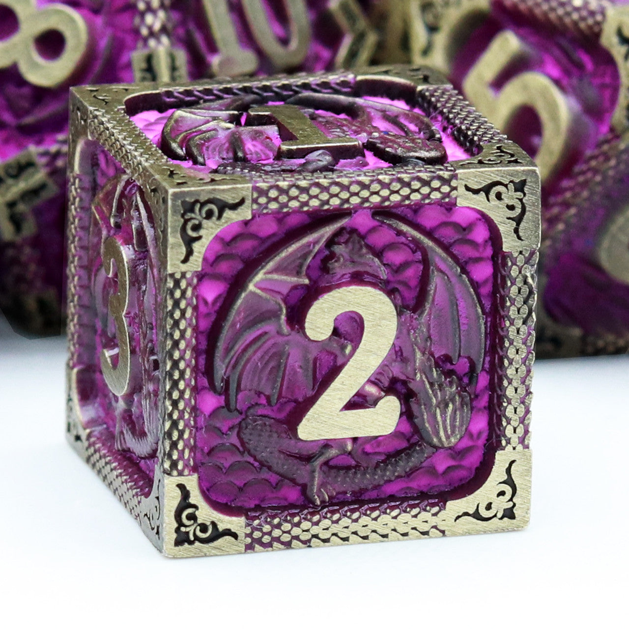 Haxtec Fire-breathing Dragon Pattern Metal DND Dice Set With Leather Dice Bag for Dungoens and Dragons RPG Gifts-Antique Bronze Matt Purple