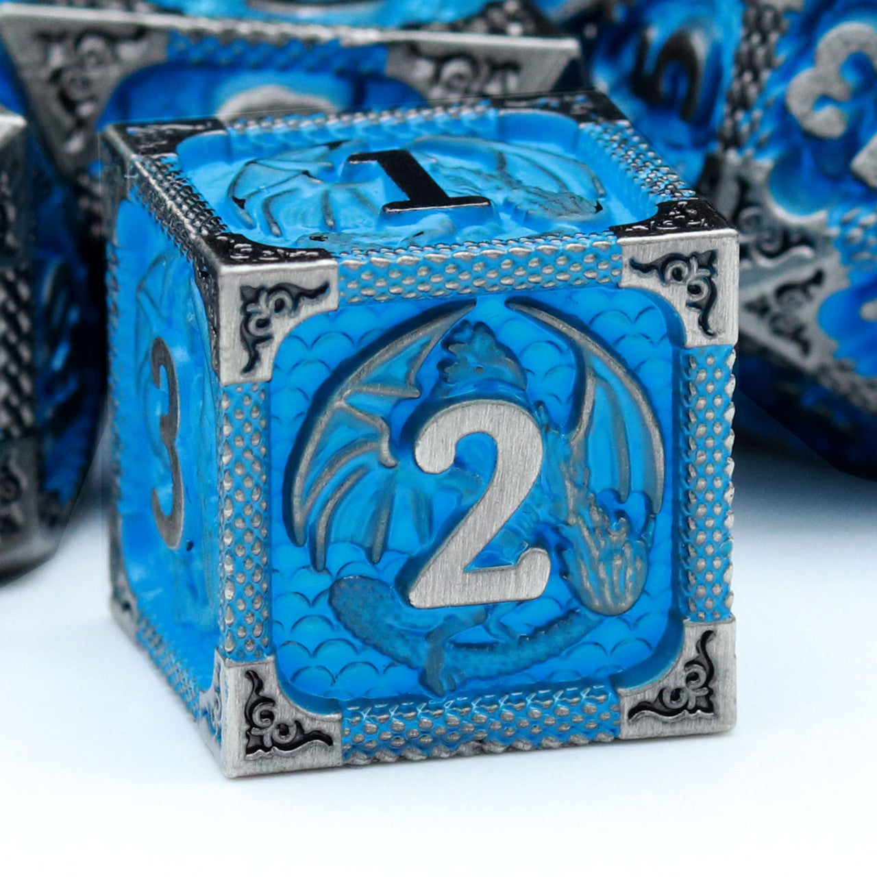Haxtec Fire-breathing Dragon Pattern Blue Metal DND Dice Set With Leather Dice Bag for Dungoens and Dragons RPG Gifts-Antique Iron Matt Blue
