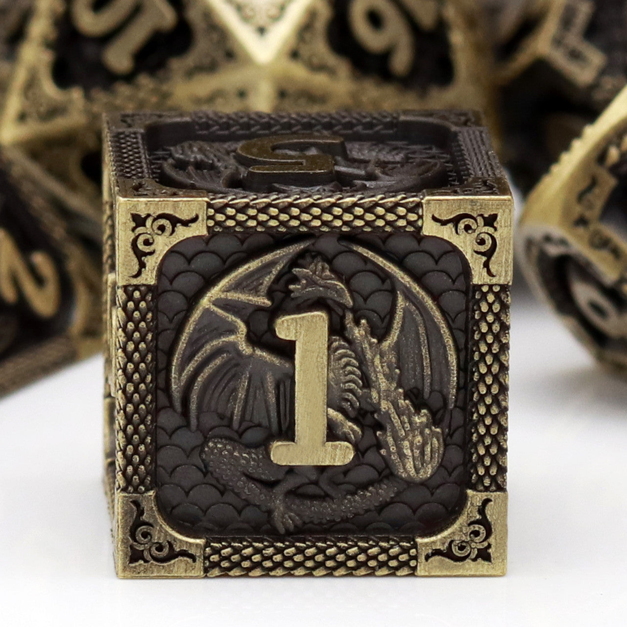 Haxtec Antique Bronze Metal DND Dice Set With Dragon Pattern Leather Dice Bag for Dungoens and Dragons RPG Gifts
