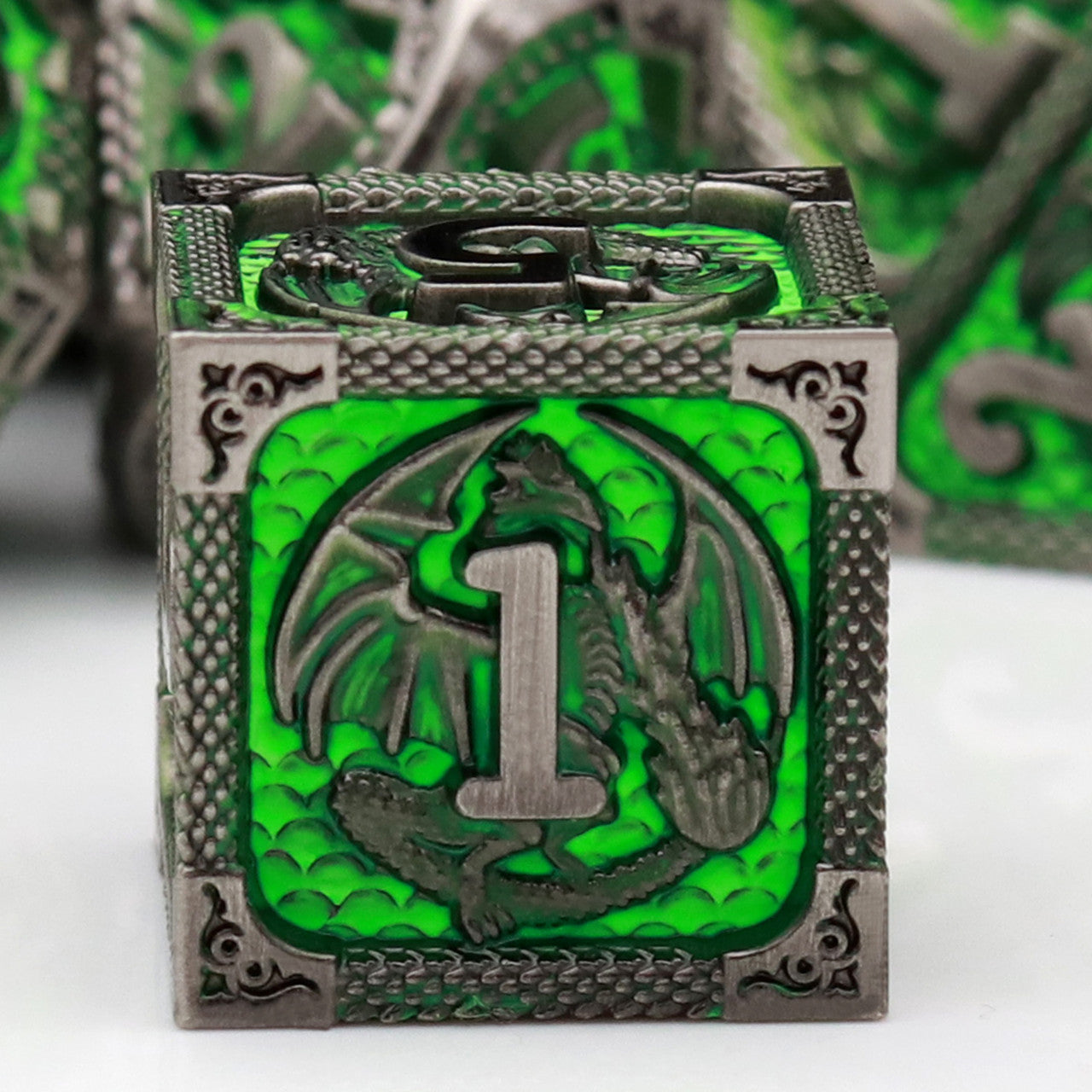Haxtec Antique Iron Metal DND Dice Set Green With Dragon Pattern Leather Dice Bag for Dungoens and Dragons RPG Gifts