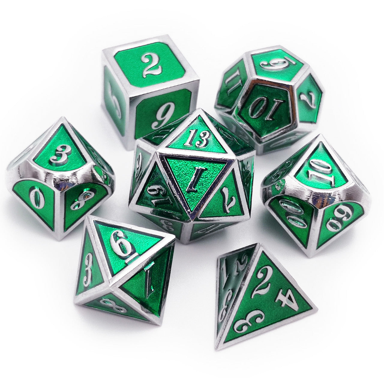 Metal DND Dice Set for RPG Game-Silver Emerald Green