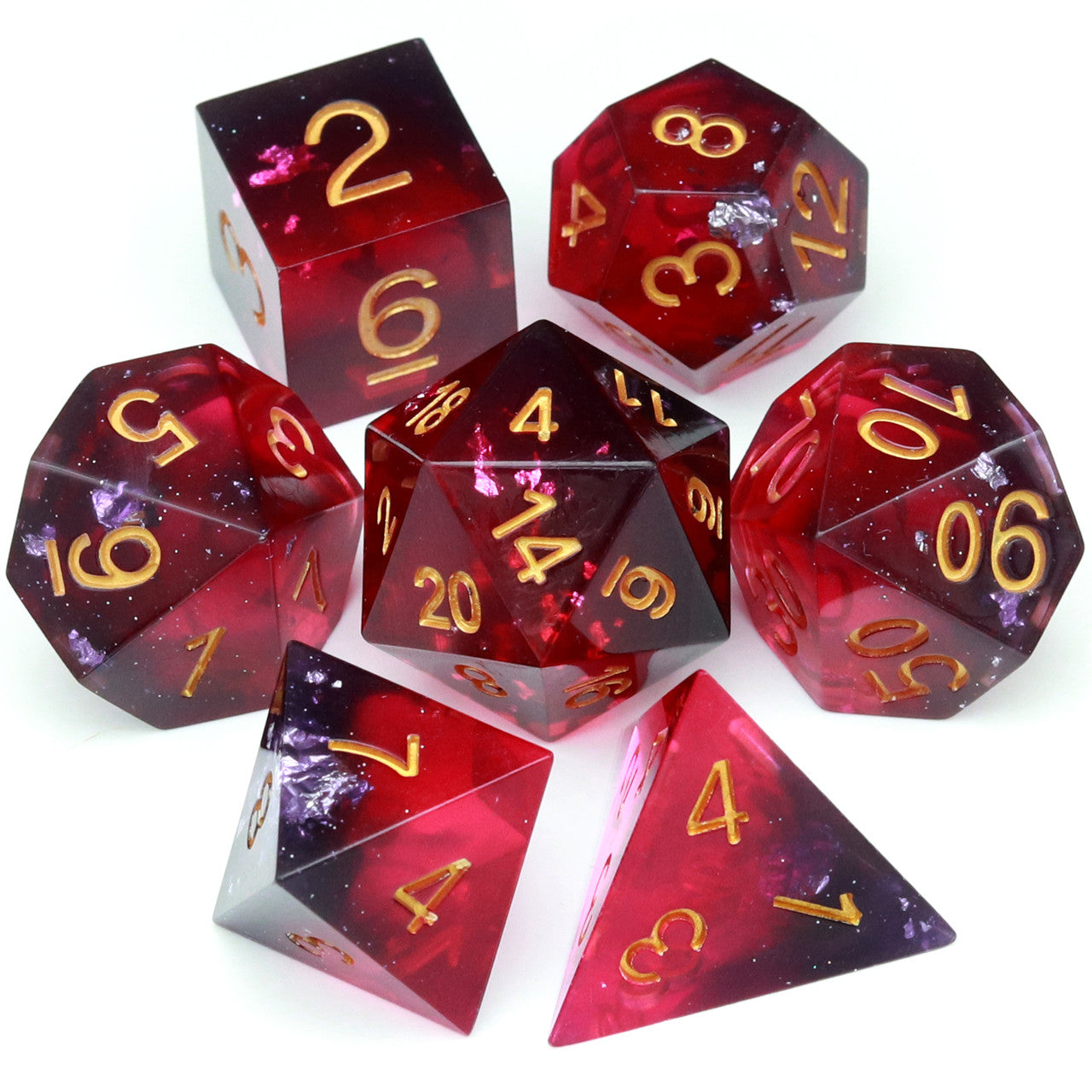 Haxtec Sharp Edge Resin Dice Set Red Purple Black Gold Foil  Inclusion War Series With Velvet Dice Vault