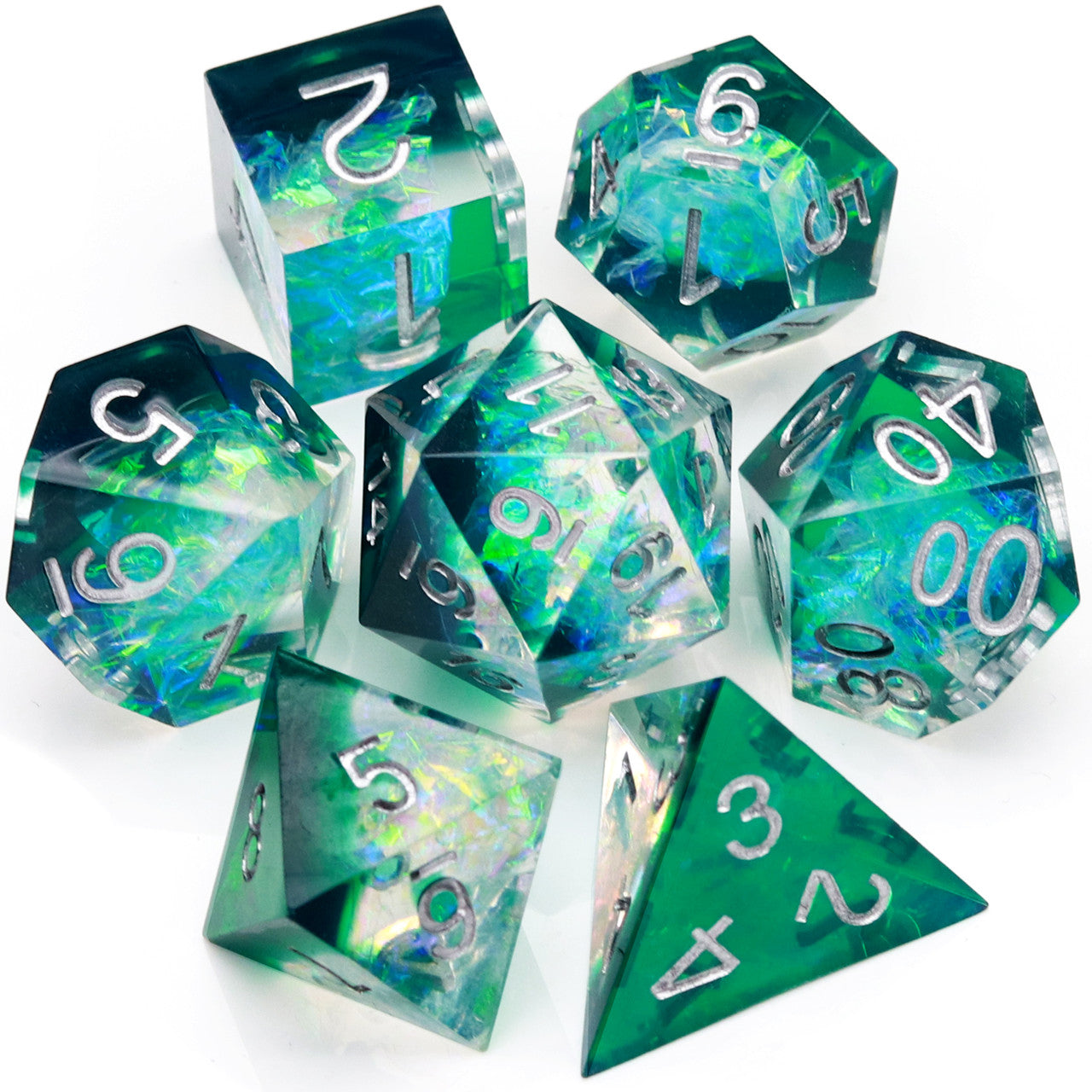 Haxtec Green Clear Sharp Edge Resin Dice Set Galaxy Series With Velvet Dice Vault-Green Galaxy