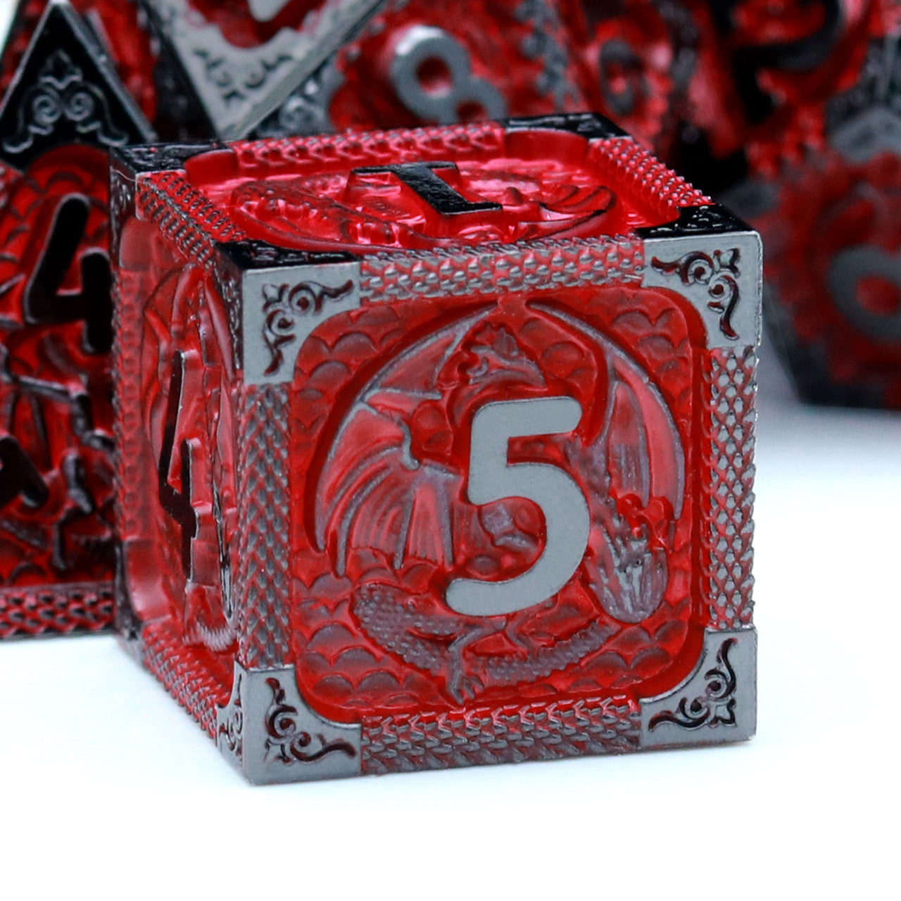 Haxtec Fire-breathing Dragon Pattern Metal DND Dice Set With Leather Dice Bag for Dungoens and Dragons RPG Gifts-Black Red
