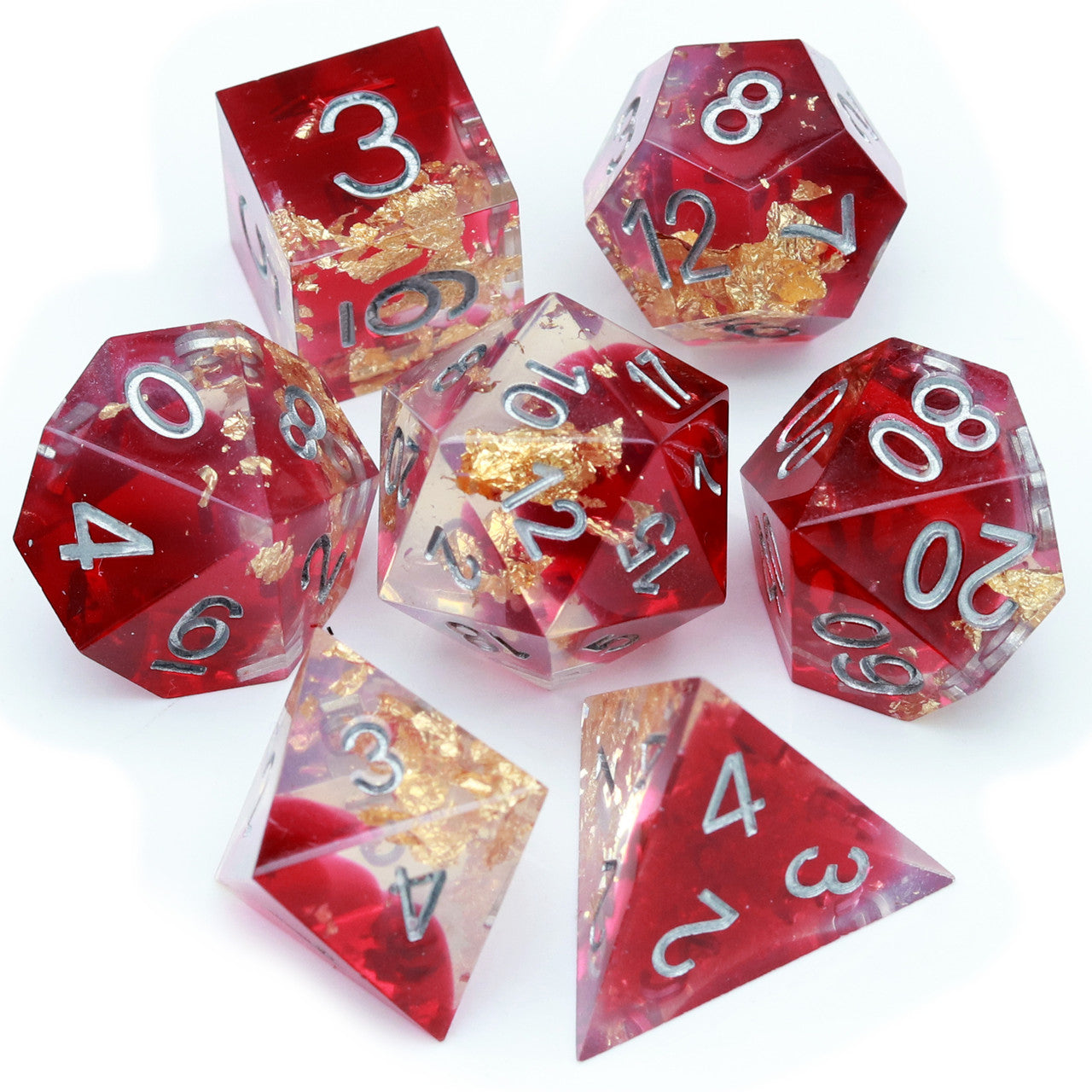 Haxtec Sharp Edge Resin Dice Set Red Clear Gold Foil  War Series With Velvet Dice Vault-Red Clear War