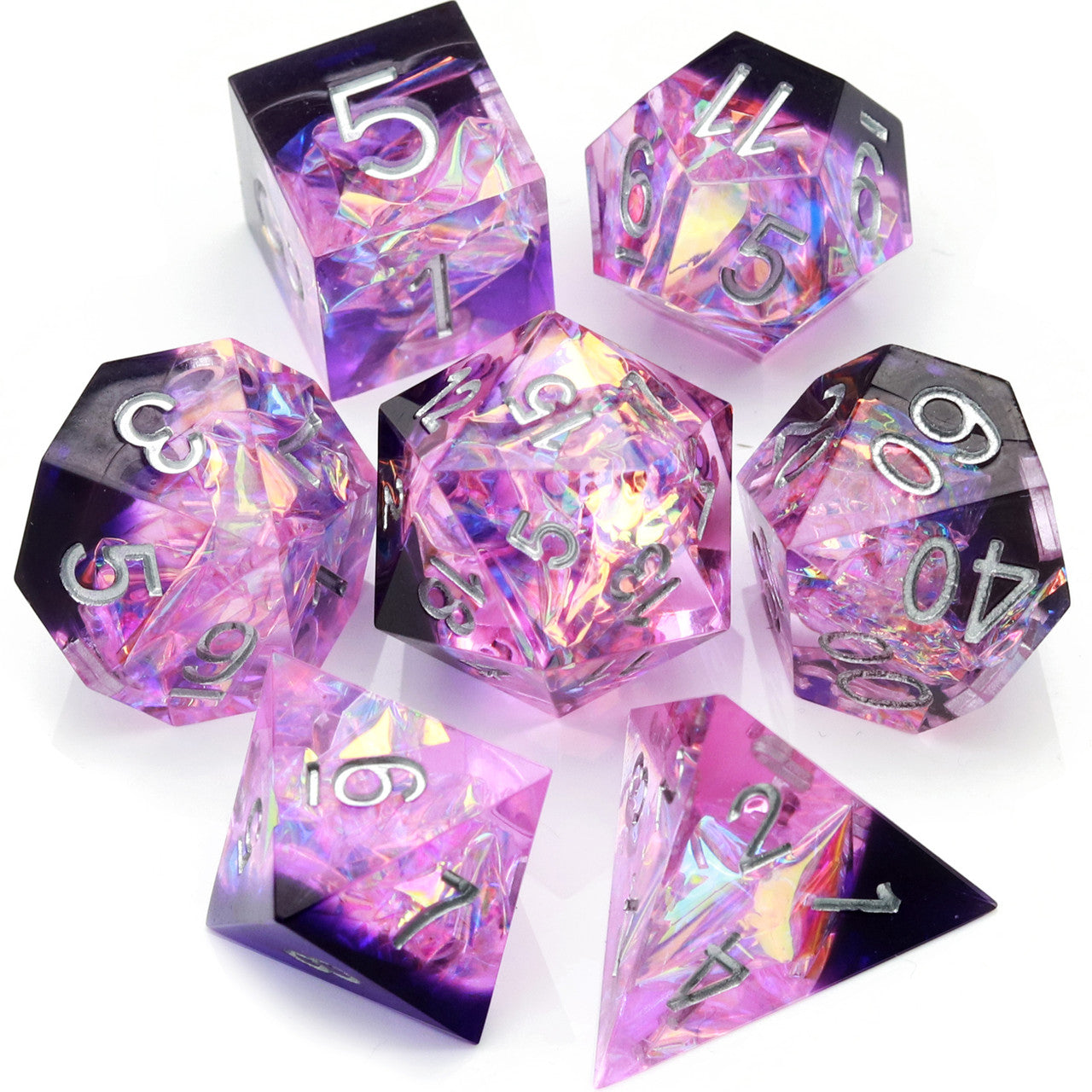 Haxtec Purple Clear Sharp Edge Resin Dice Set Galaxy Series With Velvet Dice Vault-Purple Galaxy