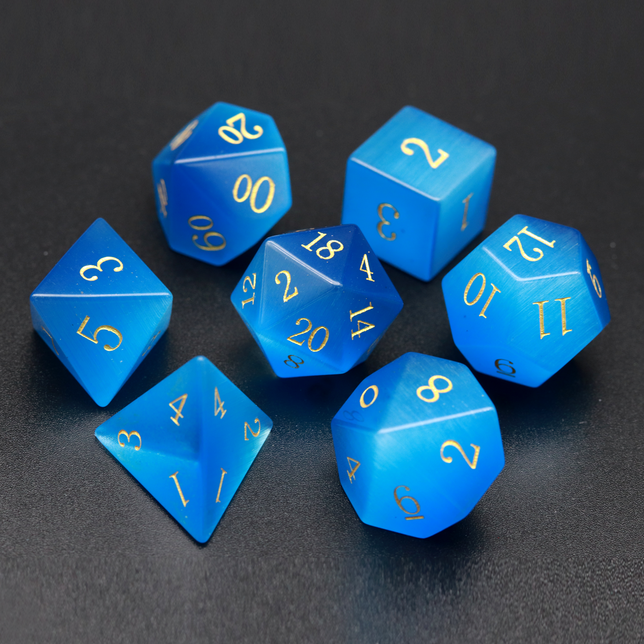 Water Blue Cat Eye Stone DND Dice Set with Premium Dice Case