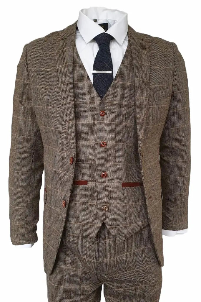 3-delig pak Peaky Blinders Outfit, Herringbone Brown Classic