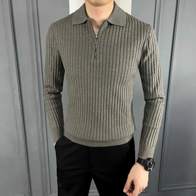 Wool Quarterzip Ribbed Long Sleeve Polo