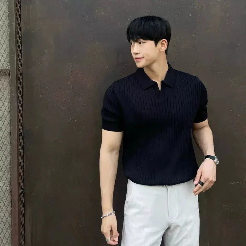 Striped Textured Knitted  Polo Shirt