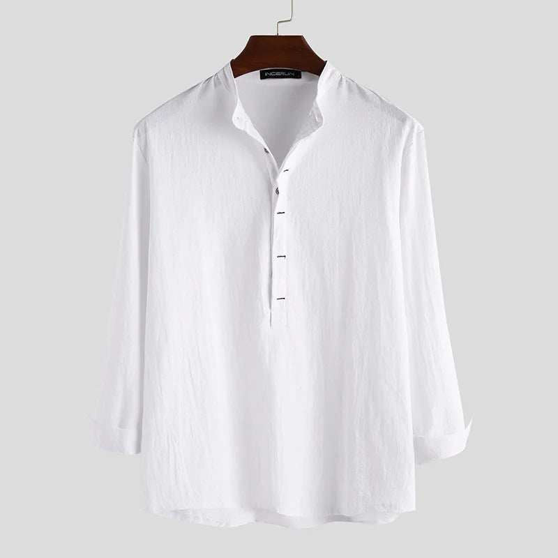 Loose collarless  linen long sleeve Shirt