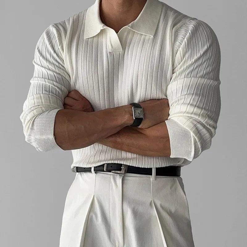Ribbed V-Neck Long Sleeve Polo