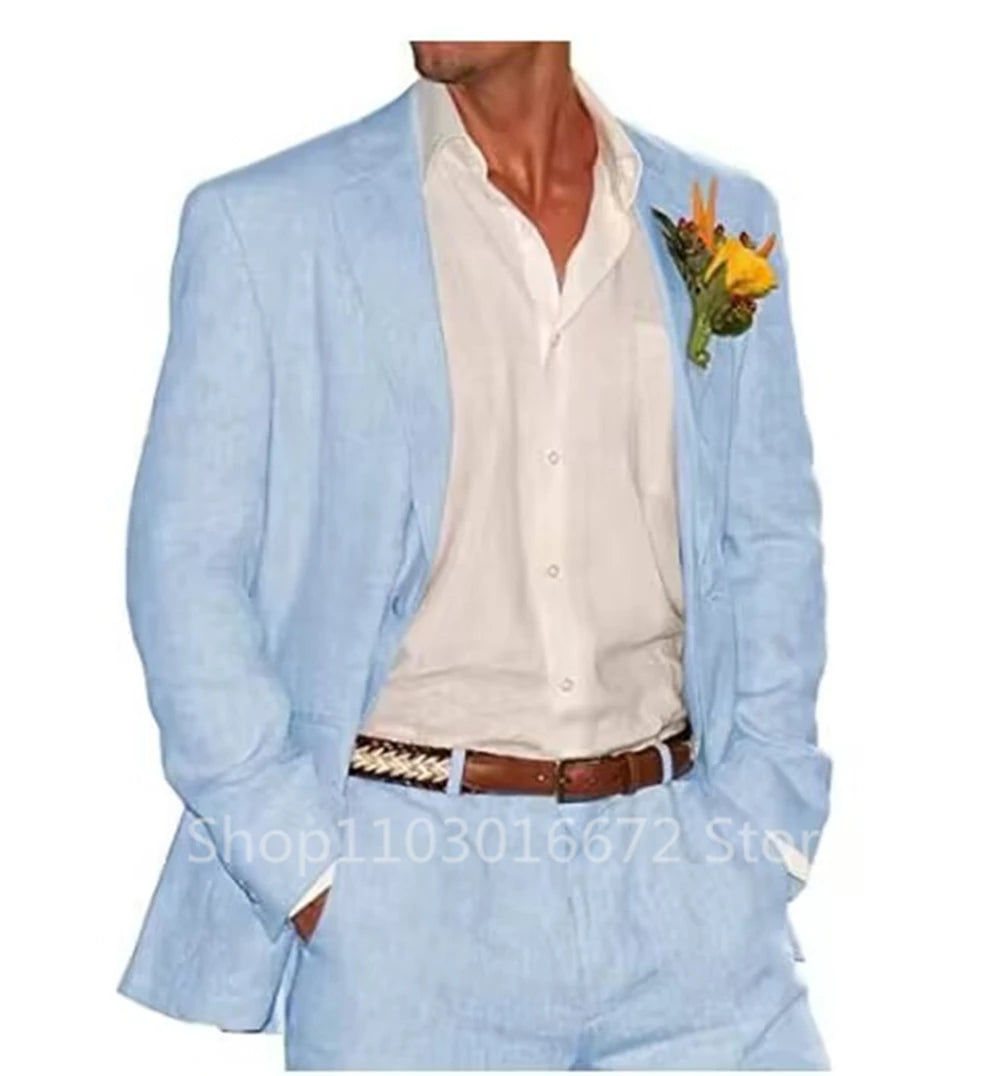 Light Blue/Beige Linen Notch Lapel Slim Fit Summer Men Suits 2 Piece Groom Tuxedos  Blazer Pants Sets Wedding Prom Costume Homme