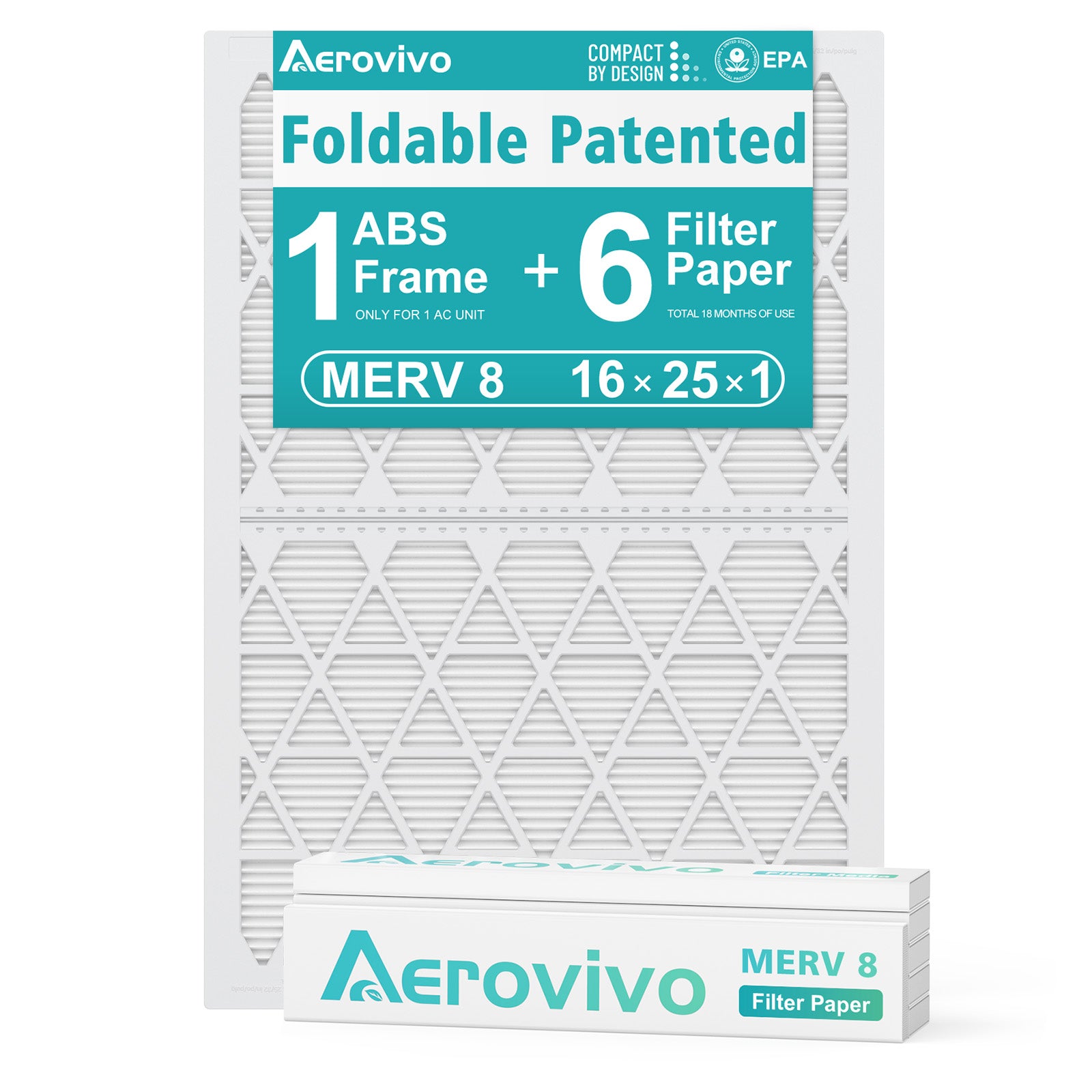 16x25x1 Air Filter MERV 8, 6 Pack Replaceable Filter Paper with Reusable ＆Foldable Frame