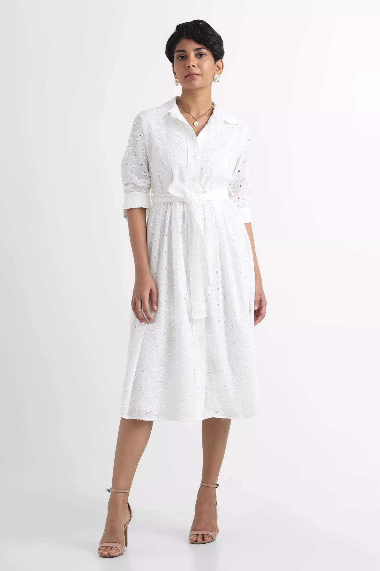 Embroidered Flared Midi Shirt Dress