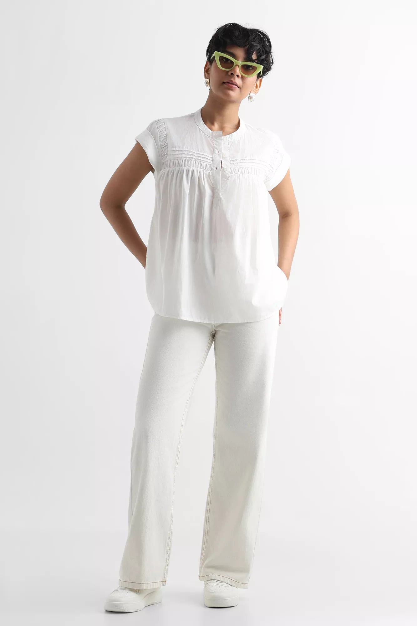 White Cotton Pin Tuck Top